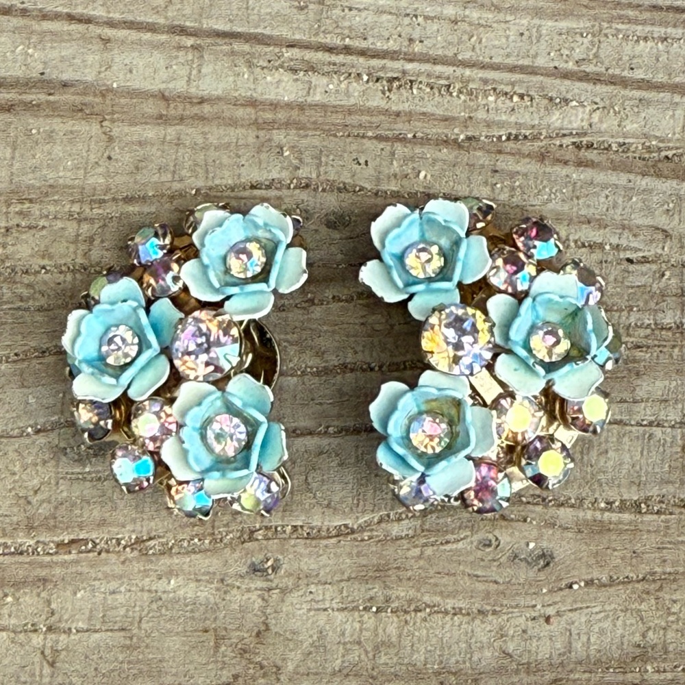 Bundle 3 for 50% off 1950s Signed Leru Enamel & Rhinestone Clip Earrings As-Is